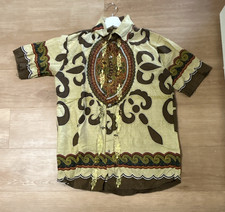 Handmade Men's Dashiki African Wax Print Cotton Short Sleeve Button-Up Size L