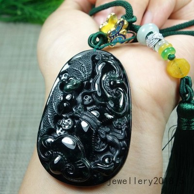 Certified Black Green Burma 100% Natural A jadeite Jade Pendant~RuYi 墨翠如意 福从天降