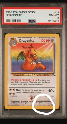 Dragonite PSA 8 Fossil Red logo 3rd print 1999-2000 copyright 19/62 Mislabelled