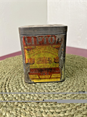 Antique Lipton Tea Square Tin With Paper Label Embossed Lid