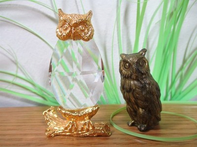 Miniature Figures 2 Owls Brass AND Crystal Gold Plate Metal Up to 2 1/2'' H
