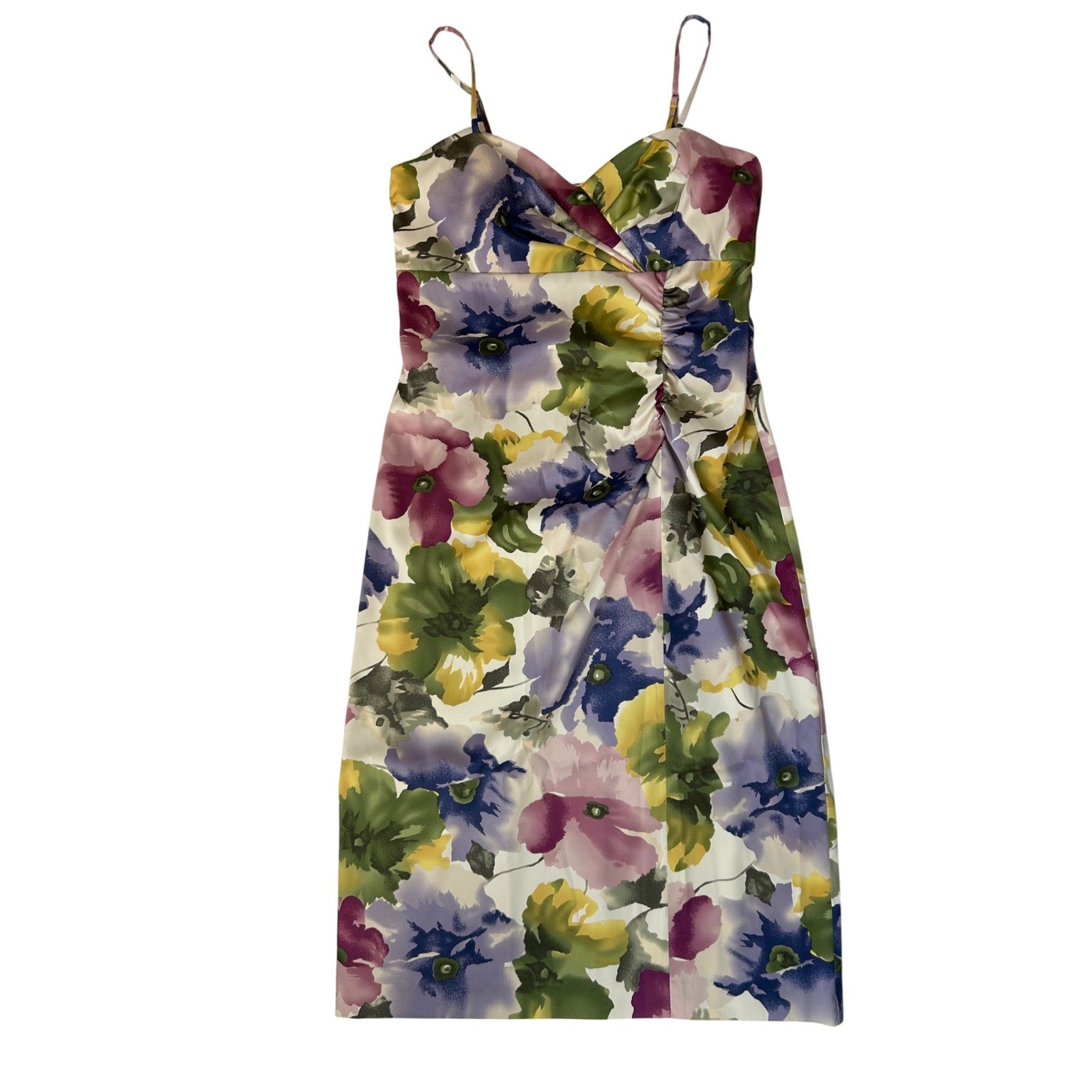 Multicolor floral satin midi dress with spaghetti straps.