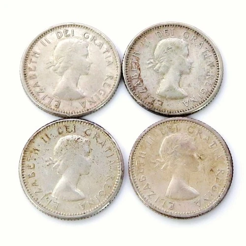Lot of 4 Canadian Dimes 80% Silver 1960, 1961, 1962, & 1963 Canada