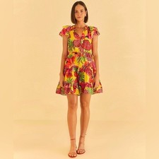 FARM Rio | Fruit Dream Ruffle Mini Dress Small Yellow Tiered Ruffle Tropical