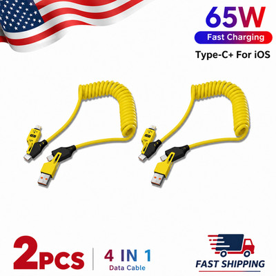 2PCS 4-in-1 65W Fast Charging Spring Cable USB-C Telescopic Data Charger