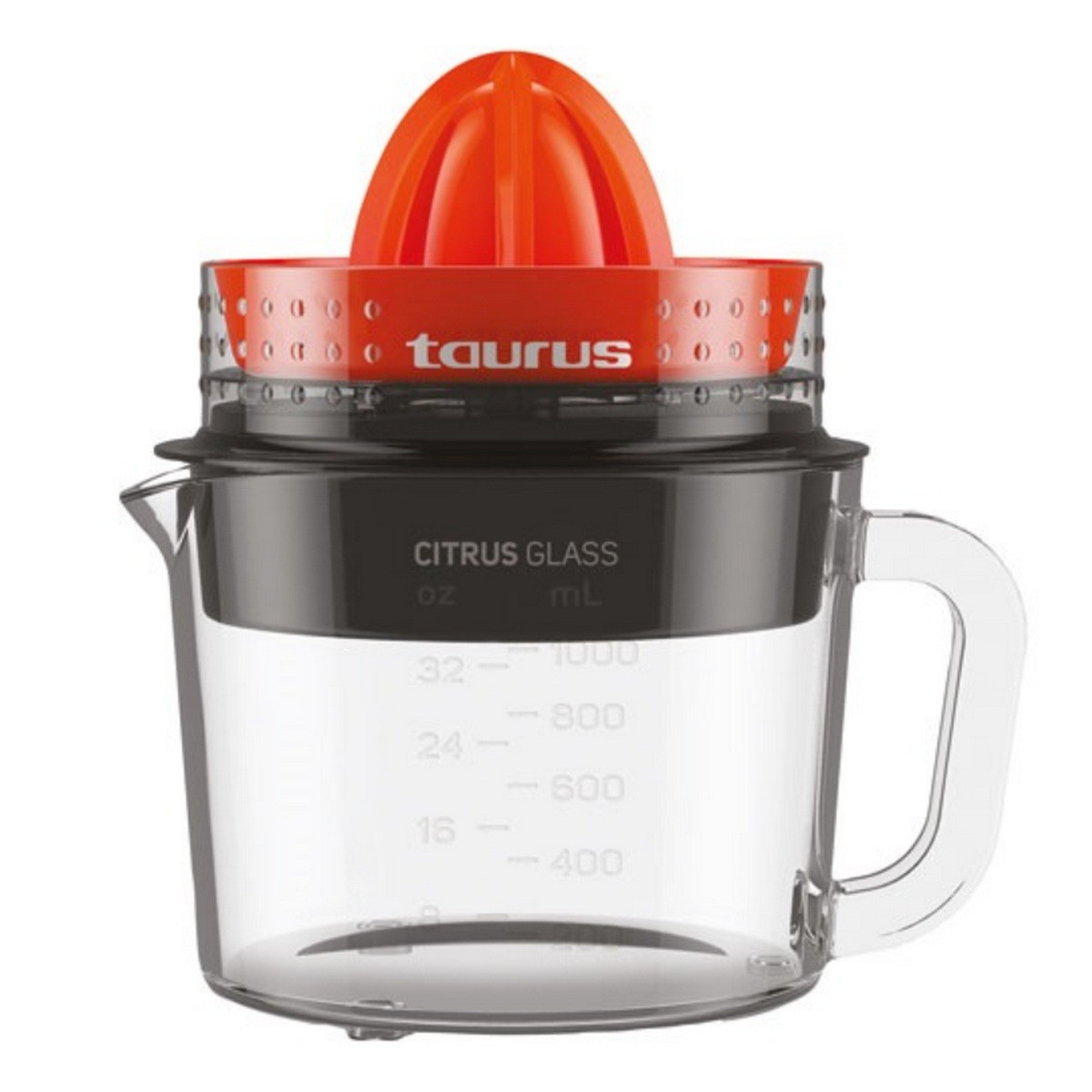 Presse-agrumes Taurus à double sens de rotation avec bec verseur et design noir et orange