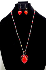 Red Glass Heart beaded Necklace  Hook Earrings set