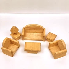 Plan Toys Wooden Dollhouse Furniture Living Room Set Couch Chairs Tables Lamp