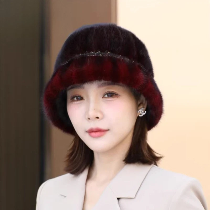 Women's Real Mink Fur Hat Bucket Hat Top Hat Bowler Hat Winter Warm Outdoor Cap - Image 4 of 4