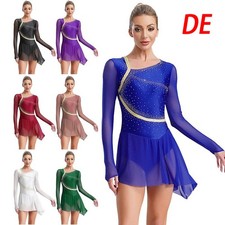 Damen Eiskunstlauf Kleid Glitzer Langarm Lyrisch Ballettkleid Modern Tanz Kostüm