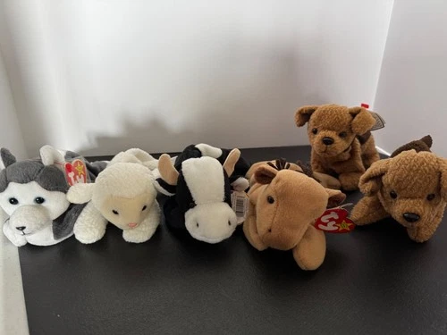 Vintage Lot Ty Beanie Babies Nanook, Fleece,Daisy,Derby, & Tuffy