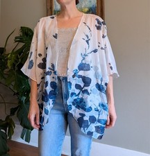 Sheer Kimono Open Front Cardigan L Blue Lightweight Abstract Artistic Watercolor
