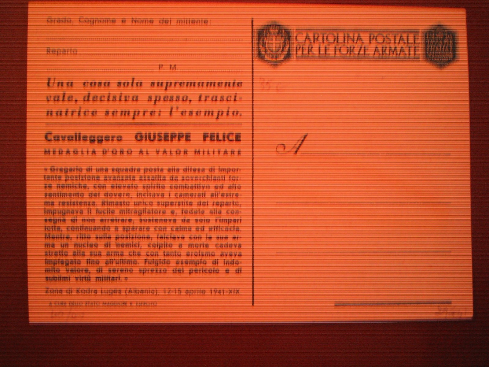 CARTOLIN FRANCHIGIA MILITARE MEDAGLIA D' ORO CAVALLEGGERO GIUSEPPE FELICE TIMBRO
