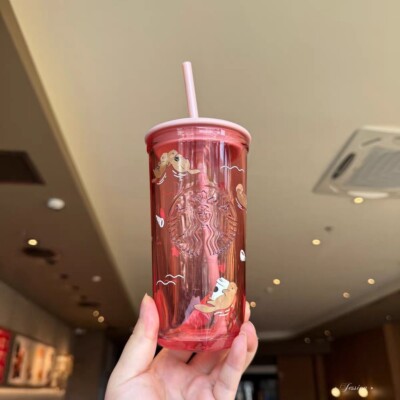 Starbucks Cup Triangle Cup Glass Cup Gradient Color Pink with Straw Cup 473ml