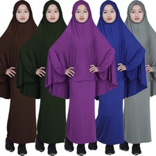 Muslim Kids Girls Caftan Abaya Long Hijab Maxi Dress Islamic Prayer Sets Clothes
