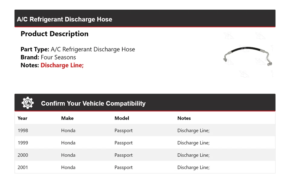 Manguera de descarga de refrigerante aire acondicionado Honda Passport 1998-2001 4 estaciones 1999 2000 Foto 2 de 4