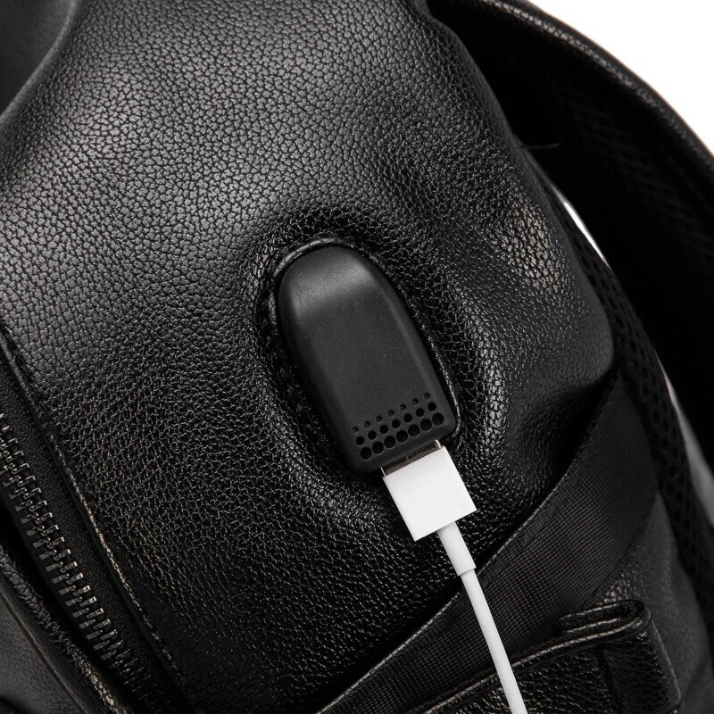 Sac à Dos Urbain Cuir PU Noir - Chargeur USB Intégré, étanche, Mode