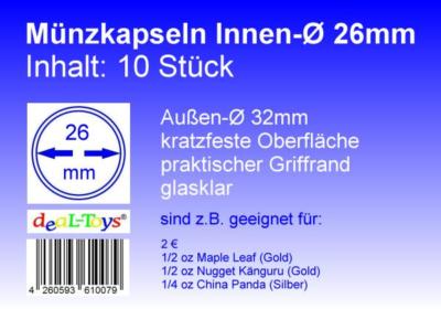 10 Münzkapseln 26mm, geeignet für 2 Euro Münze