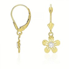 14k Yellow Gold Clear CZ Flower Dangle Leverback Earrings