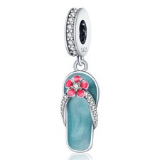 Sterling Silver 925 Flip Flop Sandal Charm Flower Slipper Holiday Beach Dangle