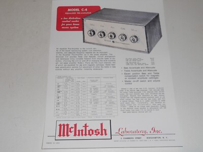 McIntosh C-4 Tube Preamp Mono 1954 Tube Ad, 1 pg, Specs and Info - Frame This!