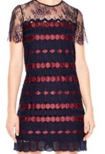 NWOT Sandro Adel Geometrical Lace Blue Marin/Burgundy Mini Dress S Orig. 298 