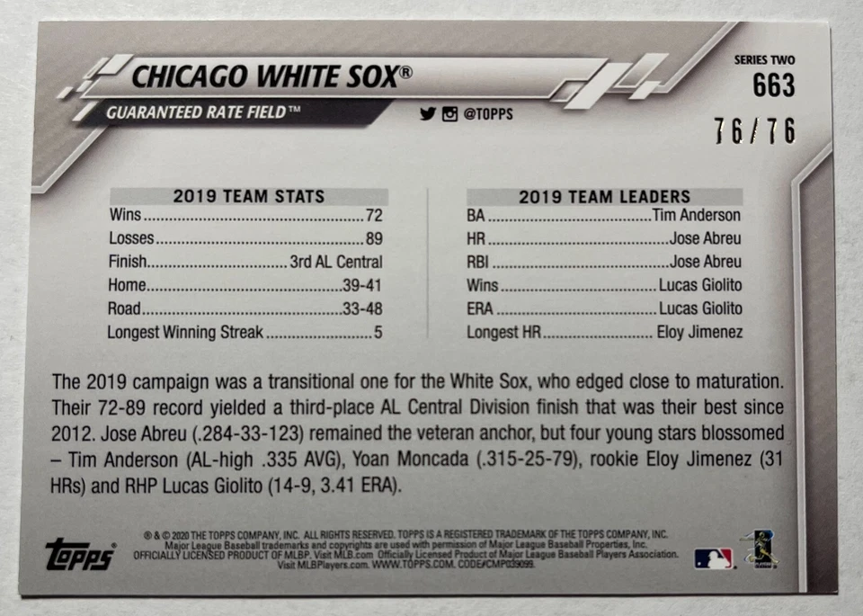 2020 Topps Chicago White Sox Independence Day Team Card 76/76 - Image 2 of 3
