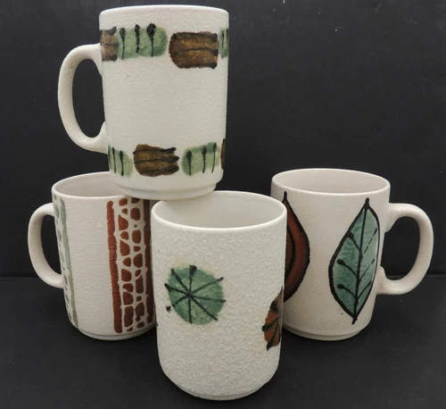 4 MCM Mugs Rough Texture Hand Painted Vintage Japan Mid Century Modern