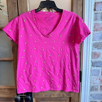 Life is Good Pineapple V-Neck T-Shirt Womens Medium Pink All Over Print Cotton