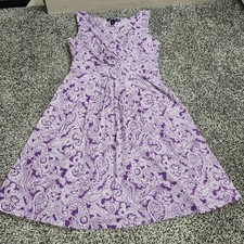Lands End V-Neck Dress Sleeveless Sz M Purple White Paisley Floral Stretch Beach