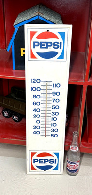 VINTAGE ''PEPSI COLA'' METAL ADVERTISING THERMOMETER, (28''x7'') NICE/WORKS PERF.