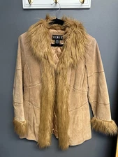 Vintage Y2K Mixit Coat Womens M Patch Suede Leather Faux Fur 90s Boho Jacket NEW