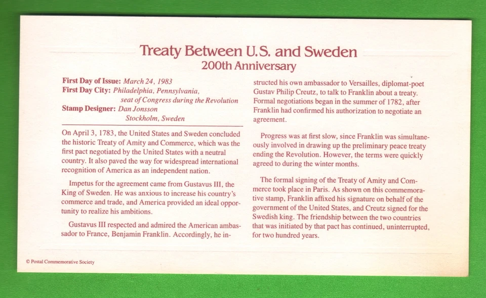 US First Day Cover 20c Stamp with 22k Gold Replica Sc. #2036 Sweden Treaty - Image 3 of 3