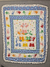 Vintage 80s Soft Colorful Baby Blanket Bears Ruffle Crib Comforter Quilt Nursery
