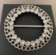 Belt Buckle, Sash / Scarf Slide in Silver Tone Chain Clear Faceted Rhinestones