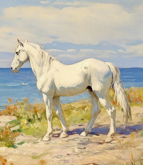 Pintura al óleo original occidental pintada a mano-36x24” caballo blanco junto al mar, firmada Foto 3 de 3