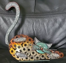 Metal Decorative Cat Sculpture with Rhinestone Embellishments Height 11 inches.