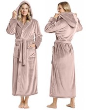 Womens Plush Fleece Long Robe Fluffy Soft Bathrobe with Hood,X-Large,Taupe