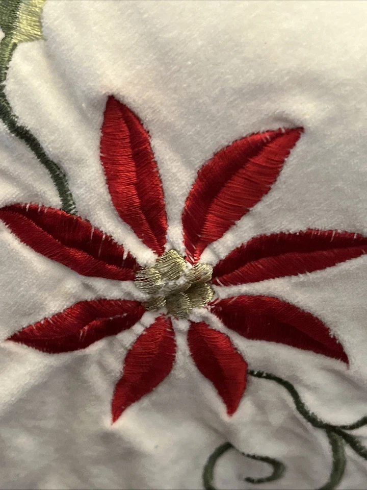 Large 77" White Pine Brand Embroidered Poinsetta & Holly Christmas Tree Skirt - Image 3 of 4