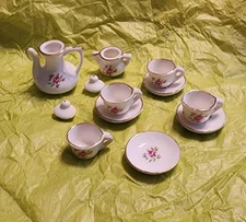Vintage Miniature Tea Set Made in Taiwan 12 pcs. Handpainted Pink Rose Gold Trim