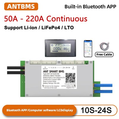 Smart ANT BMS 10S-24S LiFePO4 Li-ion LTO Battery Bluetooth Built-in +LCD Display