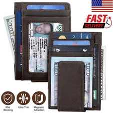 Men Magnetic Money Clip Wallet Slim Leather Front Pocket ID Credit Card Holder
