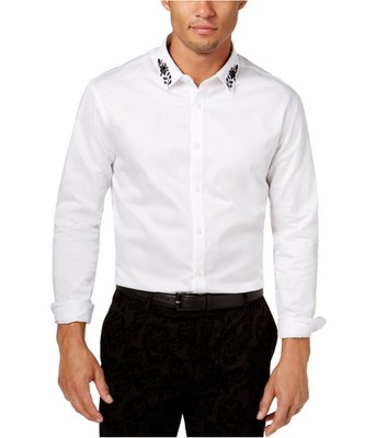 I.N.C Mens Embroidered Button Up Shirt, white, XL Neck
