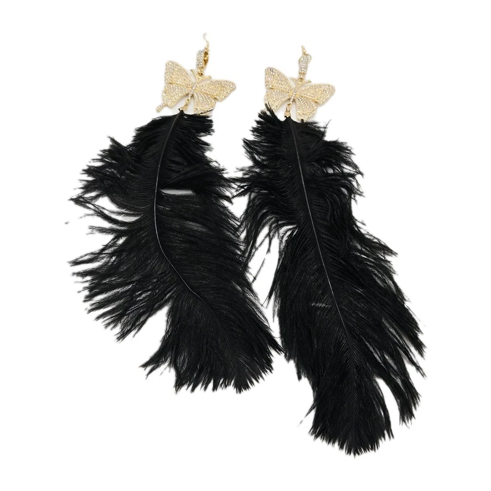 Black Feather Earrings Butterfly Crystal Accent Gold tone Bohemian Long 10 in - Image 2 of 4