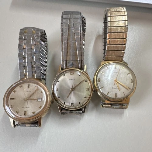 Timex Lot of 3 Vintage Men's Wristwatches Electric & Self Wind Silver Gold Metal