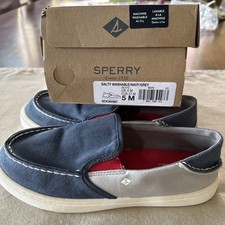 Sperry Boys Top Sider Shoes 5 Blue Gray Salty Washable Kids Slip On Sneakers EUC