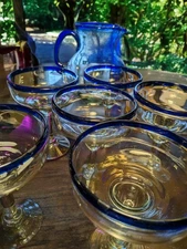 Blue Rim Mexican Hand Blown 6 Margarita Glasses, Case And Large Pitcher Set