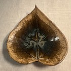 Signed Studio Art Pottery Leaf Dish Stoneware Amber Drip Glaze Artist Signed — photo 2