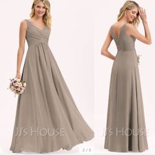JJs house taupe pleated A line V neck bridesmaids chiffon maxi dress size medium