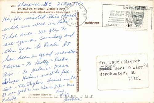 Postcard Ephemera St. Mary's Church Worship Virginia City Nevada with Stamp - Picture 2 of 4